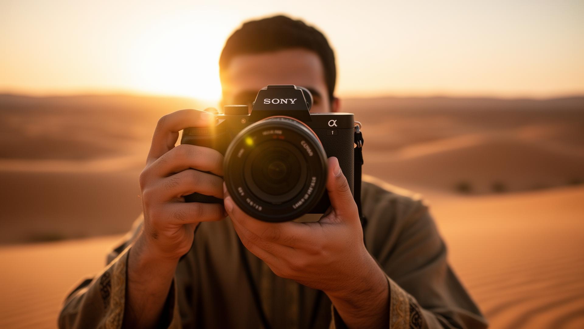 On location: a Sony mirrorless camera in the hands of a Saudi photographer.